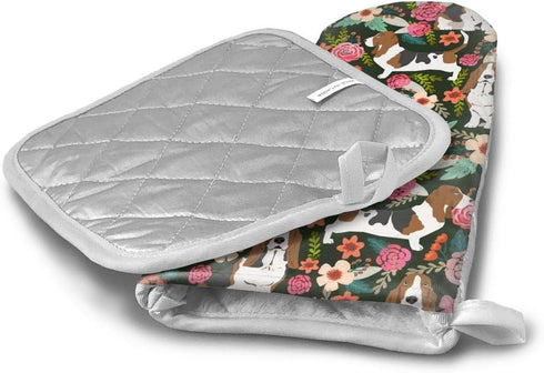 Basset Hound Florals Oven Mitts and Pot Holders, Heat Resistant Kitchen Bake Gloves, Soft Cotton Lining, 2 Pieces
