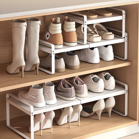 1-Tier (H:10"), 14.9"-23.6", Closet, Pack Expandable Metal Shoe Rack Adjustable Width Heavy-Duty Free-Standing Shoe