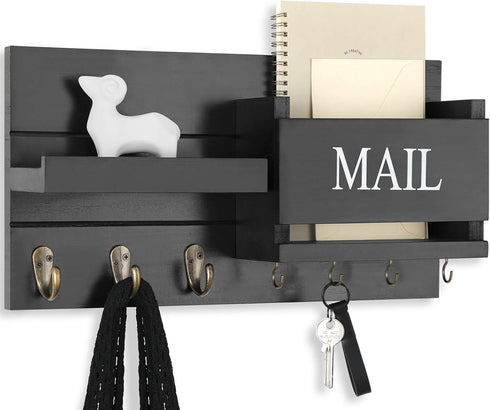 Mail Organizer for Wall Mount, Key Holder with Shelf, Letter Holder and Hooks for Hallway Decor - Rustic Wood