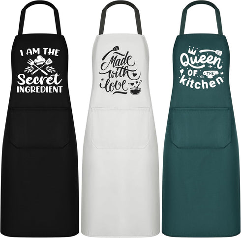Set of 3 Women Kitchen Aprons with Funny Quotes, Adjustable Waist Tie Cute Aprons for Cooking