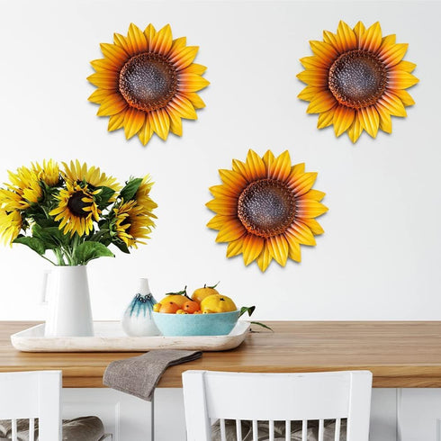 YEAHOME 9'' Sunflower Wall Decor, Set of 3 Metal Flower Art Decorations for Spring Yard Garden, Handmade Gift for Home