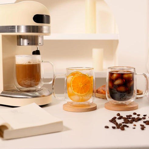 12oz,Double Set Beverages,Set 4 CNGLASS Glass Coffee Mugs Wall Insulated Mug with Handle,Clear Glass Espresso Mugs