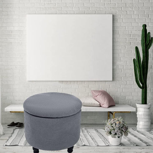 Andreannie Stretch Dark Grey Jacquard Fabric Ottoman Slipcover Floding Storage Foot Stool Covers Soft Round Slipcover