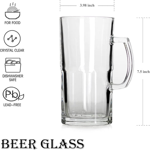 BaveL Style Extra Large Beer Mug, 34 Ounce Glass Mug with Handle, One Liter German Beer Stein