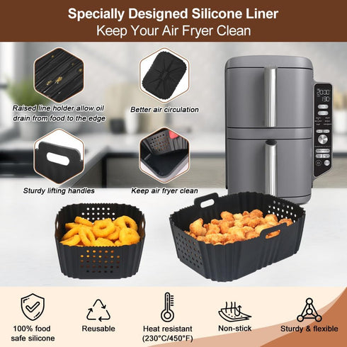 BYKITCHEN Air Fryer Silicone Liners for Ninja SL401 Double Stack, Reusable Rectangle Perforated Accessories