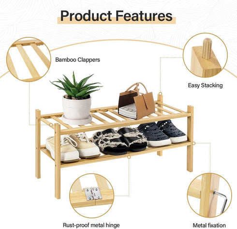 WKWKER 4-Tiers Bamboo Shoe Rack Stackable Free Standing Shoe Racks Portable Shoe Storage Organizer Stackable Shelf