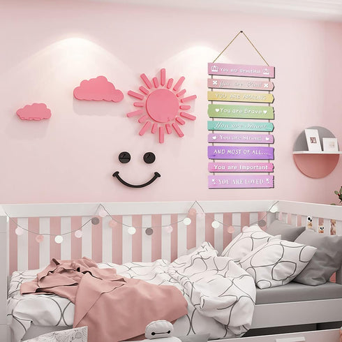 JEVUVU Pink Room Decor for Teen Girls Aesthetic, Cute Bedroom Wall Decor for Baby Girl, Boho Rainbow Wall Art Signs
