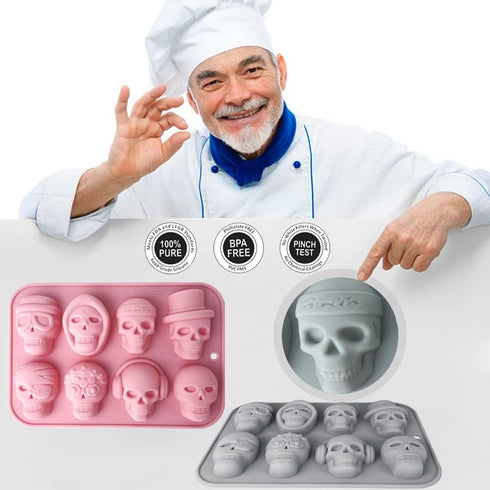 2 Pack 3D Skull Silicone Molds, 8 Cavity Skull Themed Baking Tray for Chocolate Cake, Dessert, Cupcake Topper