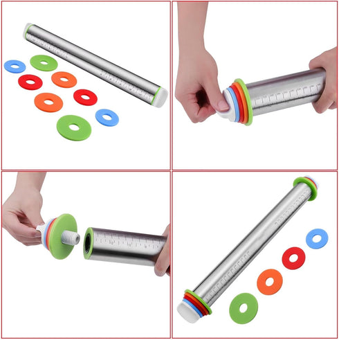 Stainless Steel Rolling Pin and Silicone Mat Set, Adjustable Thickness Rings for Baking Dough, Pizza, Pastries