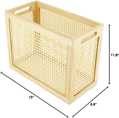 Wood Magazine Holder with Jute Rope Handles, Handcrafted Bamboo Toilet Roll Holder, Wicker Magazine Storage Organizer