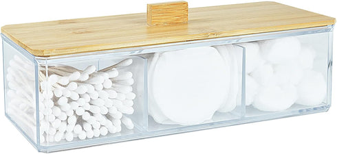 Acrylic Qtip Holder Dispenser with Wood Lid, 3 Compartment Bathroom Organizer for Cotton Swabs and Pads, Countertop