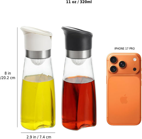 Set, 2-Piece 11oz Premium Glass Olive Oil and Vinegar Dispenser Bottles Kitchen Cooking Cruet with Auto-Open Lid