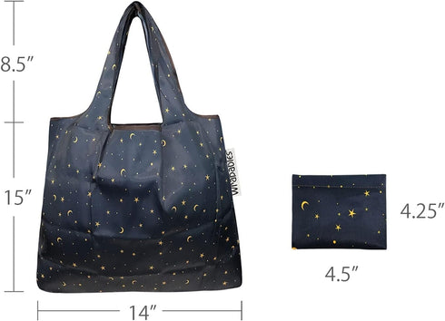 allydrew (Set 2), Foldable Tote Nylon Reusable Grocery Bag of Moon & Stars