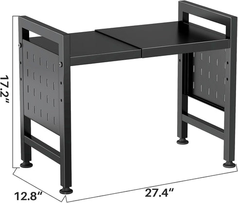 Expandable Microwave Stand Countertop, 2-Tier Adjustable Rack with 8 Hooks & 2 Holders, Heavy Duty Carbon Steel Shelf