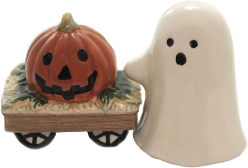 Fine Ceramic Cute Halloween Casper Costume Salt & Pepper Shakers Set with Pumpkin Wagon, 3-1/4" H