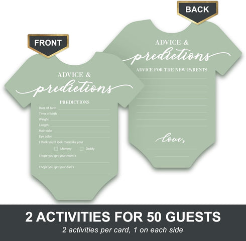 50 (Set 50) Baby Shower Advice & Prediction Cards - For Guests - Green Onesie Double Sided Advice + Predictions Cards