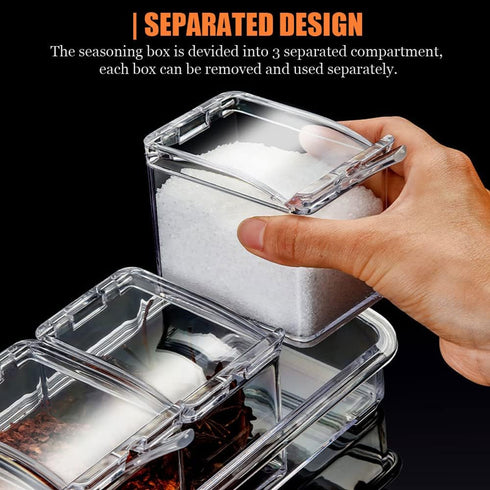 V·RESOURCING Clear Seasoning Box, 3 Pieces Spice Pots Storage Container for Spice, Salt, Sugar, Liquid Condiment Jars