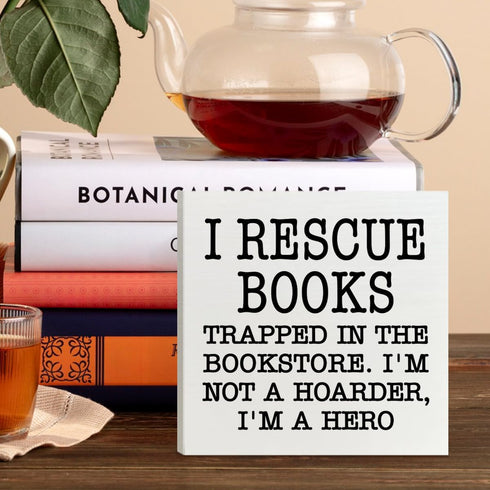 NKBINLILI I Rescue Books Library Bookshelf Wood Box Decor Accessories Sign, Bookish Wooden Box Sign Decor, Book Lovers