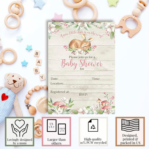 Little Deer Woodland Watercolor Floral Baby Shower Invitations for Girls, 20 Fill In Cards with Envelopes