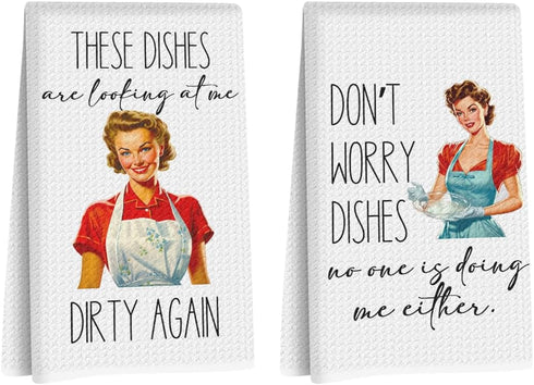 Blue Leaves 2 Pcs Funny Retro Sassy Lady Kitchen Towels, Dish Cloths for Washing