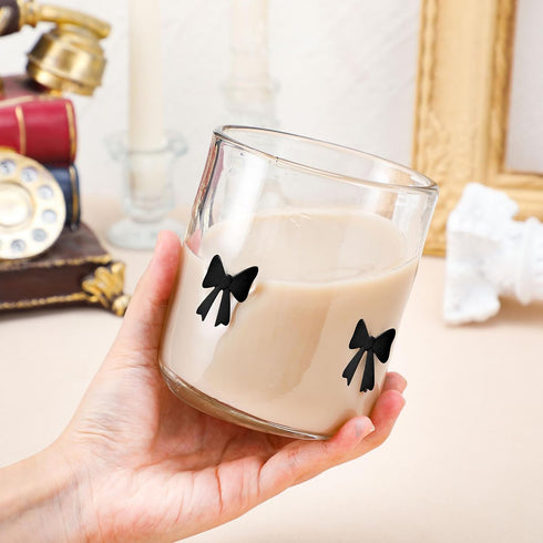 2 Pack 14 oz Stemless Skylety Bow Icon Juice Glasses, Glass Cups, Coquette Black Bow Juice Cocktail Wine Coffee