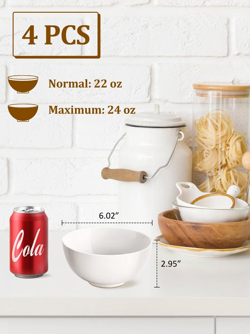 Yedio 22 oz Ceramic Cereal Bowls, 6“ White Porcelain Bowls Set for Soup Oatmeal Rice Fruits, Set of 4, Microwave Dishwasher Safe,Stackable by Yedio
