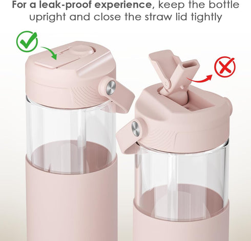 20oz SANDJEST Glass Water Bottle with Silicone Sleeve and Straw Lid for Girls Women, Glass Drinking Bottles for Travel