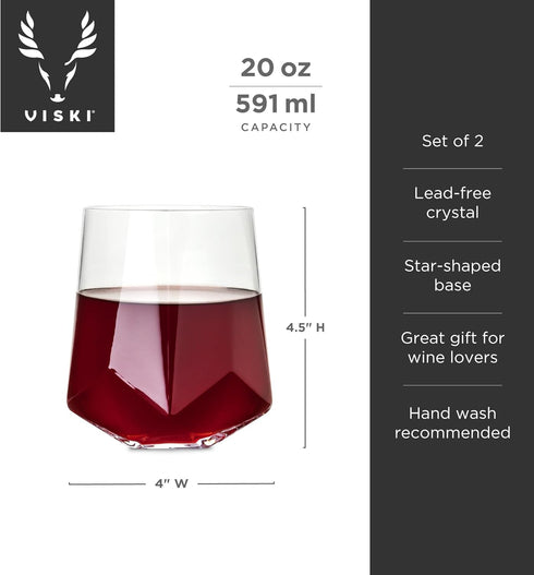 Viski Raye Faceted Crystal Wine Glasses - Set of 2, No-Lead Premium Crystal Clear Glass, Modern Stemless, 20 oz