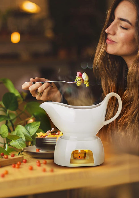 Nucookery Large Classic Gravy Boat with Warmer, 17 Oz, White Fine Porcelain, Microwave & Freezer Safe