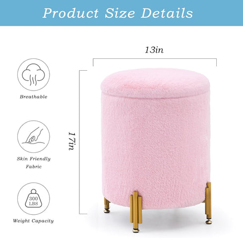 300lbs Mxfurhawa Round Ottoman Foot Stool with Storage and Metal Legs for Living Room Bedroom, Velvet Upholstered