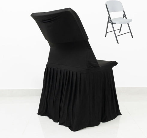 Efavormart Lifetime Folding Chair Cover Black Spandex Pleated Stretch Slipcover with Floor-Length Skirt, Also Fits