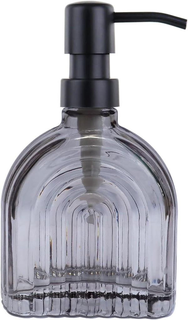 Glass Soap Dispenser for Kitchen and Bathroom, Farmhouse Style Liquid Pump (Grey Glass with Black, 4" x 2" x 6-5/8")