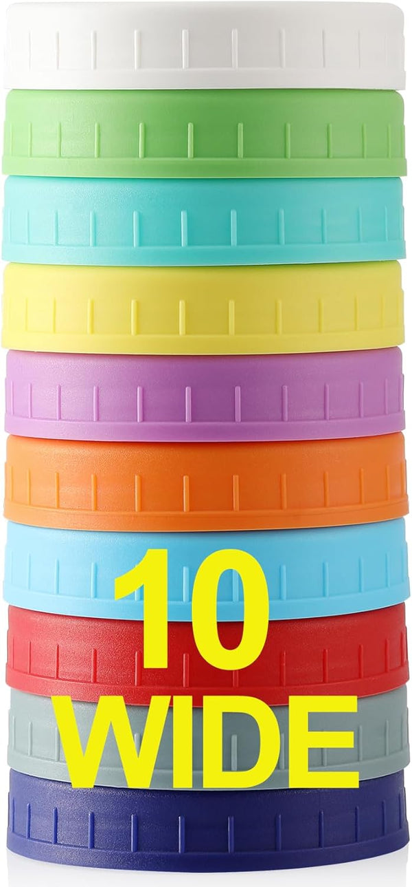 10 Pack Multicolor WIDE MOUTH Mason Jar Lids for Ball, Kerr and More - Plastic Storage Caps for Canning Jars