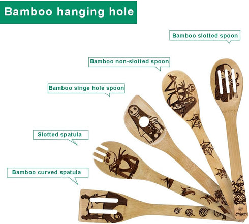 Nightmare Wooden Spoons, Fun Idea Serving Utensils Set, Burned Bamboo Kitchen Spoons, 5 Piece
