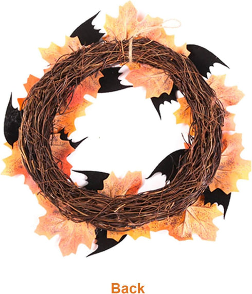 Orgrimmar 10” Halloween Maple Wreath Garland, Artificial Maple Leaf Bats Vines Door Hanging for Halloween Party and