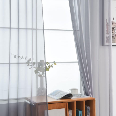 SpaceDresser Sheer Voile Window Treatment - Rod Pocket Curtain Panels for Kitchen, Bedroom, Living Room, Grey, 52 W x