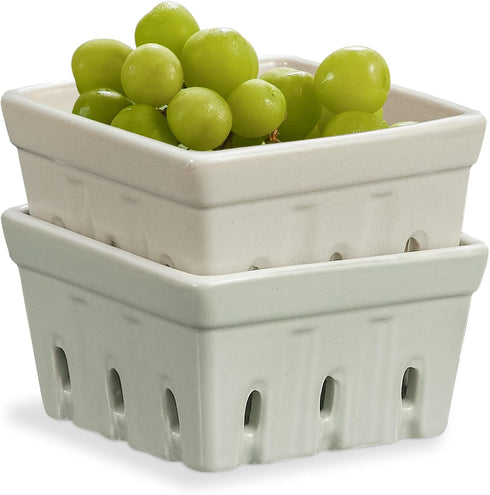ONEMORE Ceramic Berry Basket, Square Fruit Bowls, Rustic Stoneware Berry Colander Set