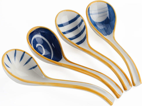 Ceramic Soup Spoons Set of 4, Long Handle Porcelain Japanese Soup Spoons for Pho Ramen Noodles