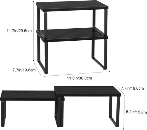 CADUKE Set of 4 Stackable Kitchen Counter Shelves, Expandable Wood Shelf Organizers for Pantry, Industrial Black