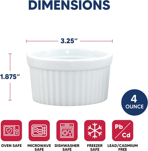 HIC Kitchen Souffle Ramekin Set, Fine Porcelain, 4-Ounce, Set of 4