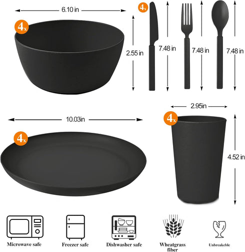 Wheat Straw Dinnerware Sets - 24 pcs Lightweight Unbreakable Cups, Cutlery, Plates & Bowls for 4