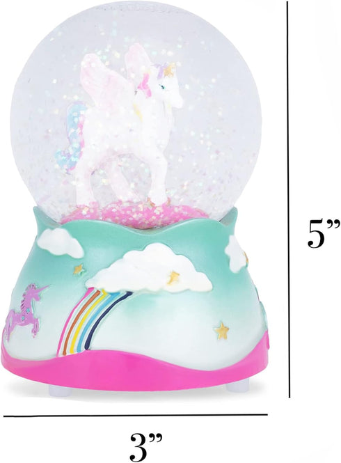 Elanze Designs 80MM Flying Rainbow Unicorn Musical Glitter Water Snow Globe, Plays Tune, Tabletop Decoration