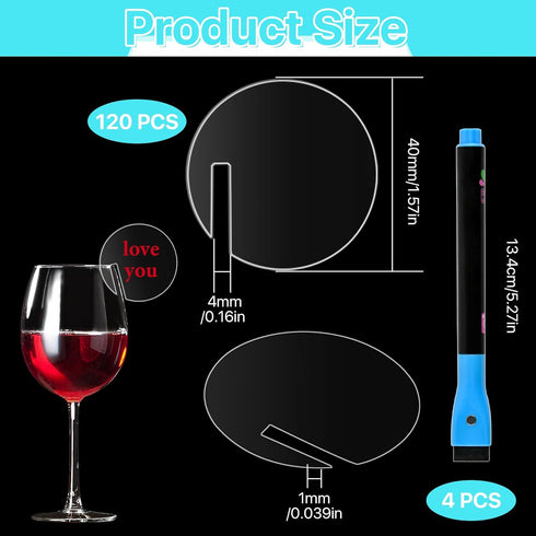 120 Pcs Acrylic Disc Drink Tags, Circle Cocktail Drinking Tags Blank, DIY Wine Drink Names with 4 Highlighters for Bar, Party, Wedding, Birthday (1.5'', Round) by Lainballow