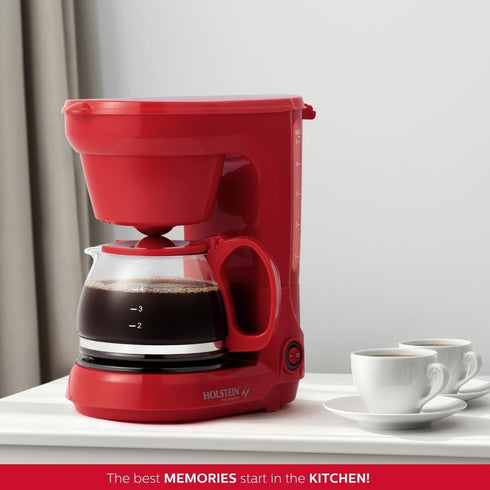 Holstein Housewares 5 Cup Drip Coffee Maker, User Friendly with Permanent Filter, Borosilicate Glass Carafe, Red