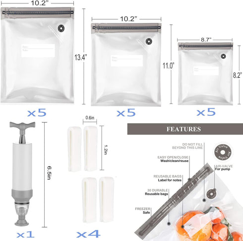 Sous Vide Bags: 20 Pack Reusable Vacuum Food Storage Bags with 1 Hand Pump and 4 Sealing Clips (Gray Kit)