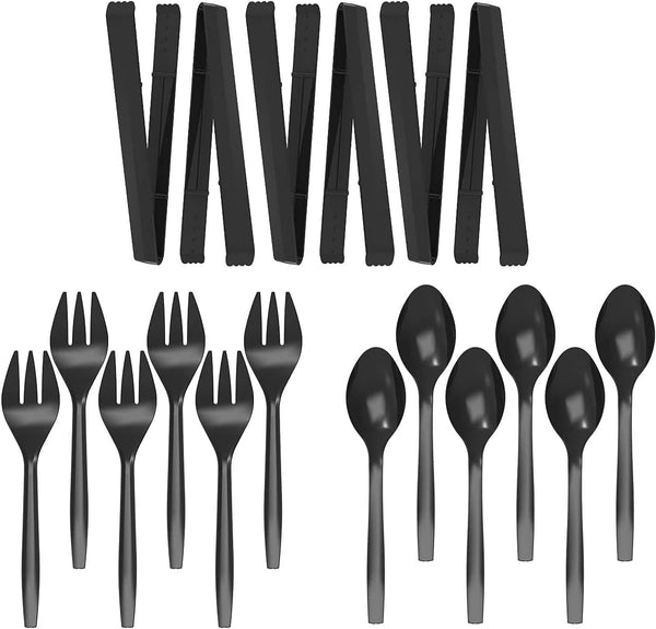 Plastic Serving Utensils Set, 18 Piece, 9" Black Cutlery for Parties and Events