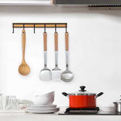 Kitchen Utensil Rack - Wall Mounted Accessory Hanger with 6 Hooks, Pack of 2 for Kitchen, Bathroom & Bedroom