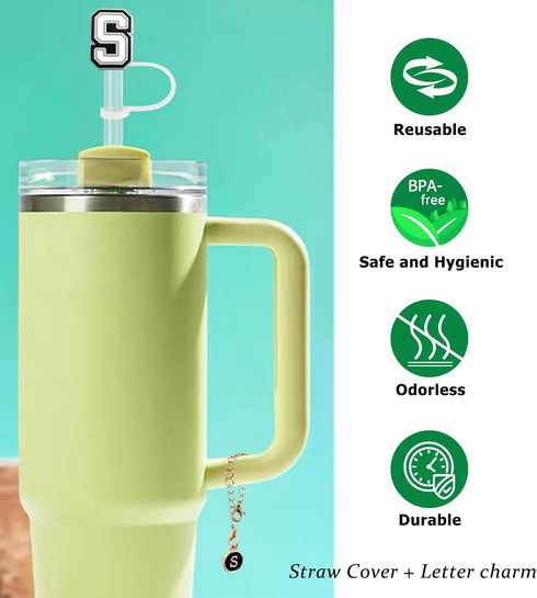 (3 +3) 3PCS Nuozme Straw Cover 10mm for Stanley Tumbler Cup, Reusable Straw Cap Topper with 3 Initial Letter Charms,