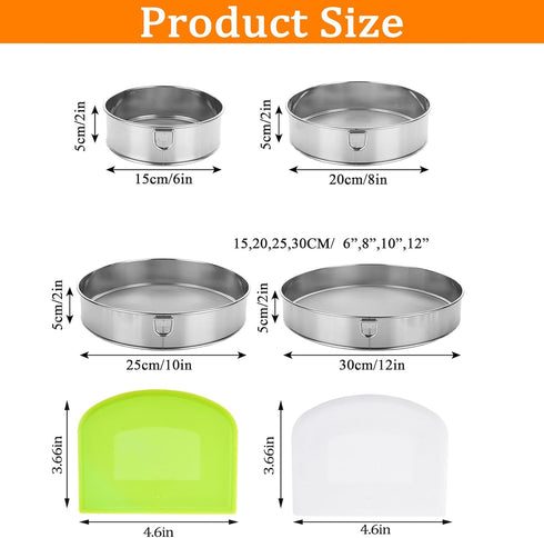 Sifter for Baking, Stainless Steel Round Flour Sifter with Dough Scraper, Diameter 6-8-10-12inch, Mesh-Hole Size 0.25mm