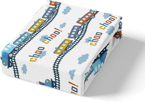 Set 2Pcs Sheet,1 Colorful Train Bedding Twin Size Cartoon Car Fitted Sheet Blue Train Tracks Cloud Bed Sheet for Kids